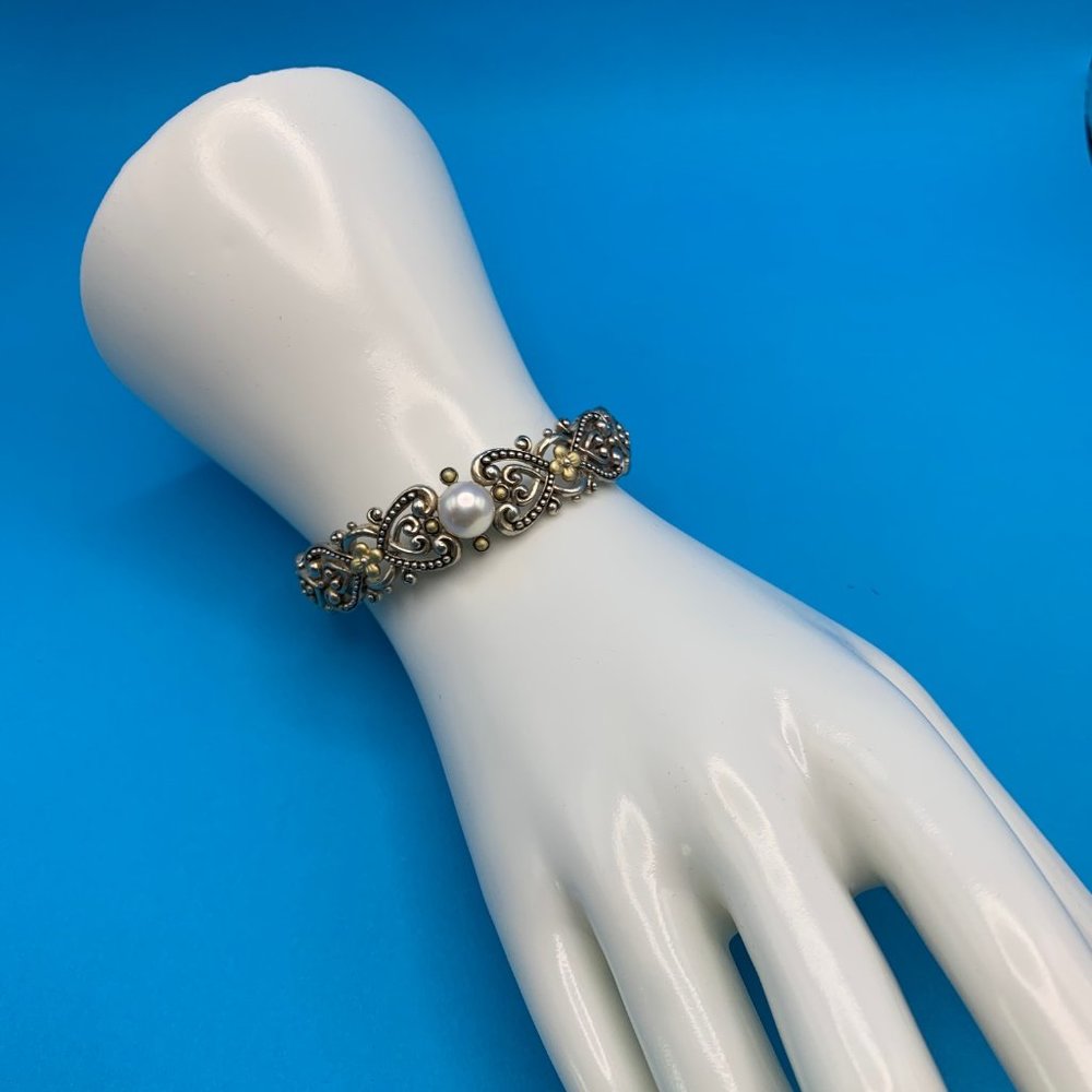 Barbara Bixby Sterling Silver and 18K Hinged Cuff Bracelet with Center Pearl